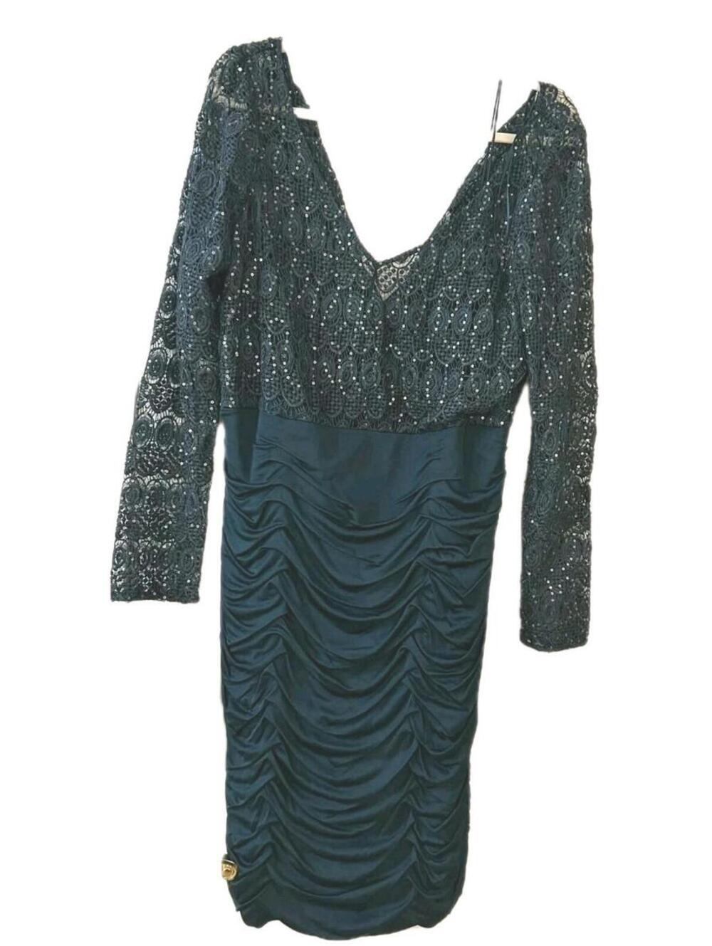 Kay Unger Long-slve Lace Top Dress Gown Sequins Silk Shirred Bodice Women Sz 14
